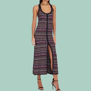 2023 Maxi Summer Color Block Print Waistband Single Breasted Sleeveless Mid Length Dress Women Designer Clothing