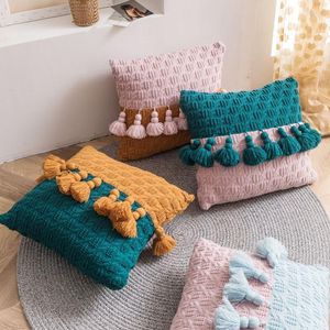 Cuscino lavorato a maglia Custodia in stile nordico tinta unita rosa verde blu con nappa per divano letto decorativo per la casa 45 45 cm