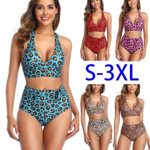 Kvinnors badkläder Kvinna Bikini Sexig Leopard Två bit plus storlek Swim Suits Set High midje 2023 S-3XL Swimsuit Halter Top