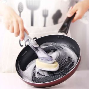 Cleaning Brush With Dishwashing Sponge 2 in 1 Long Handle Dish Washing Brush Household kitchen Cleaning Tools Q128