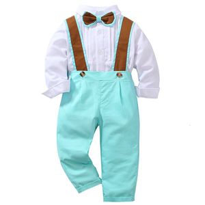Anzüge Mode Kinder Jungen Gentleman Kleidung Set Langarm Fliege ShirtHosenträger Hosen Casual Outfit Jungen Anzug 230526