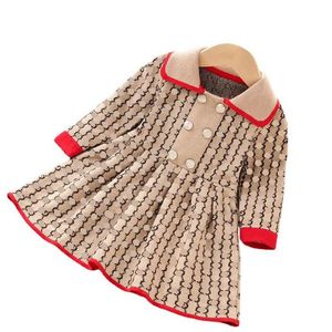 Cute Letters Printed Girls Brand Dresses Autumn Winter Girl Knitted Princess Dress Kids Long Sleeve Dress Children Turn-Down Collar Dresses 2-8 Years