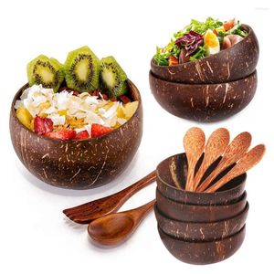 Miski naturalne miski kokosowe łyżka łyżka sałatki owocowej makaron ryżowy drewniany zastawa stołowa kreatywna kuchnia skorupa