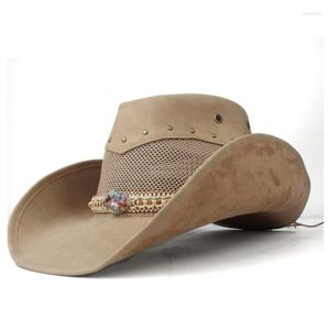 Basker läder män kvinnor mesh western cowboy hatt brett grim utomhus sombrero hombre cowgirl hatberets pro22