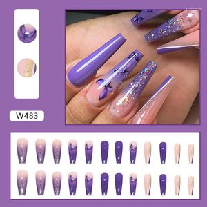 False Nails Hyperbole Extra Long Purple Ballet Glitter Powder Butterfly Full Cover Finished Fake Art Glue Woman Stylist Supply