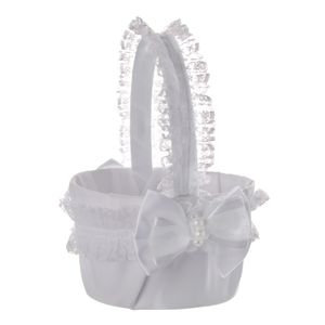 Белая кружевная корзина для цветочных девушек Элегантная атлас с луком круглая корзина Свадебная корзина Свадебная украшение L8316