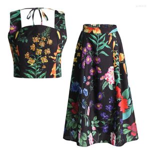 Vestidos de trabalho com estampa floral com miçangas conjuntos de duas peças para mulheres ternos de vestido 2023 Summer Vest Tank Crops uma linha de saias maxi de longa