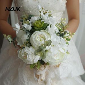 Fiori nuziali NZUK Elegante bouquet da sposa bianco rotondo semplice peonia finta per accessori da damigella d'onore