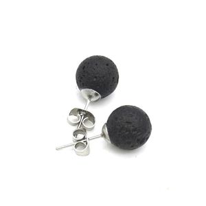Stud Earrings 8mm 10mm Natural Black Lava Stone Bead DIY Essential Oil Diffuser Rock Stainless Steel Ear Jewelry