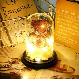 Luci notturne Regali di San Valentino Kit di rose Fiore di rose fresche conservate con luce a LED a forma di orso in cupola di vetro su legno