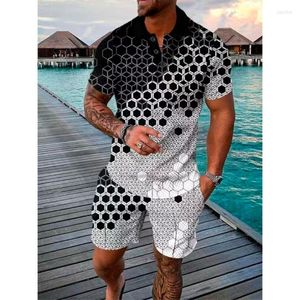 Herrspårar Summer Men's Fashion 3D Printed Polo Shirt Beach Shorts Set Loose Thin Lapel Casual Short Sleeve Suit Tracksuit