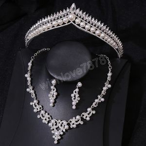 Gorgeous Pearl Bridal Jewelry Sets Tiaras Earrings Necklaces Set for Women Bridal Wedding Dress Crown Jewelry Set