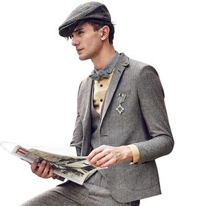 Herrenanzüge Blazer Männer Blazer Slim Fit Retro Grau Braun Kleidung 2023 Herrenjacke Volle Hülse Einreiher Herbst Winter Hochzeit BräutigamM