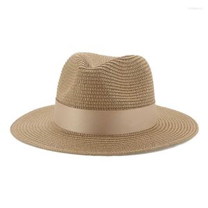 Breda randen hattar för kvinnor hink hatt halm sommar sol band band avslappnad formell bröllop strand utomhus skydd hattswide