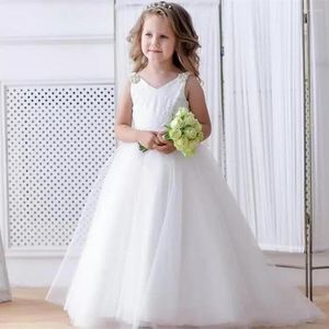 Flicka klänningar härlig vit blomma för bröllop a-line v halsgett klänningar spets tyll prinsessan första nattvards klänning