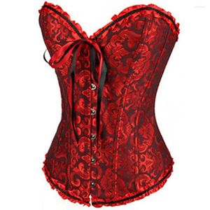 Bustiers Corsetsセクシーな女性バーレスクジャクアードファブリックレースアップサテンプラスチック骨ビュスティエコルセットオーバーバストプラスサイズS-XL