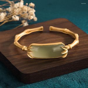 Bangle China Style Armband Copper Gold-Plated Bamboo Emerald Green Hetian Jade Women Vintage Armband Amp Bangles For Jewelrry