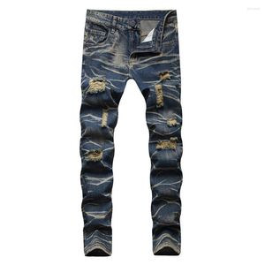 Mäns jeans män slips och färgning rippade denim trendiga streetwear hål oroliga blå raka byxor casual bomullsbyxor