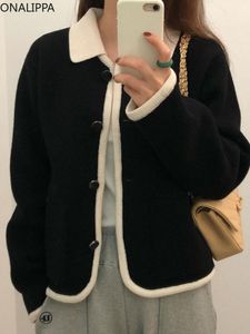 Cardigan Onalippa Cardigan lavorato a maglia con risvolto a contrasto piccolo profumo coreano chic autunno maglione con orlo allentato monopetto nero top donna
