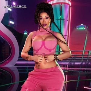 Tops ANJAMANOR Cardib Pink Ribbed Cut Out Tanks Top Women Streetwear Sexy Turtleneck Sleeveless Crop Tops Clubwear D82BG16