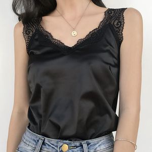 T-shirt 2022 Yaz Kadın Giysileri Beyaz Dantel Top tanklar Sırtsız Seksi Kefsir Saten İpek Üstleri Siyah Cami Vest Kadın Tank Top Haut Femme