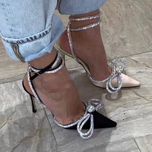 Kleid Schuhe Strass Pumps Frauen Kristall Bogenknoten Sandalen Spitz Zehe Seide Mode Dame High Heels Party Hochzeit Sommer