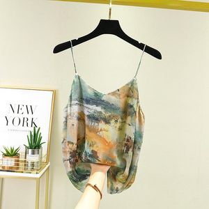 Camis Oil Painting Spaghetti Strap Silk Satin Printed Halter Vest Women Design Vneck Bottom Ultra Wear Tank Top Summer Lingerie