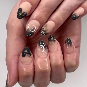 False Nails 24pcs Black French Y2k White Moon Gold Stars Designs Wearable Frosted Fake Set Press On Short Almond Nail Tips