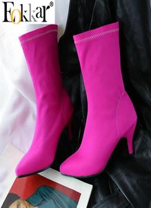Eokkar Pink Kitten Heel Stretch Ankle Boots for Women Pointed Toe Elastic Booties Royal Blue Women Shoes Low Heel Boot2207189693512