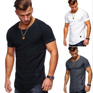 New T-shirtmen's Men's T-shirts Fashion Summer Jogger Men Solid t Shirts Casual Slim Fit Ribbed Shoulder Biker Elastic Short Sleeve Tops