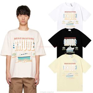 Designer Fashion Clothing Tees Tshirt Small American Fashion Brand Rhude Destination Yacht Print Pure Cotton Loose Short Sleeve Tshirt for Male Female Students Cot