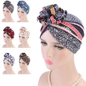 2023 Ny Böhmen Soft Stretchy Print Africa Hijab Caps Muslim Wrap Head Turban Hat Fashion Headtie Chemo Bonnet Ready to Wear