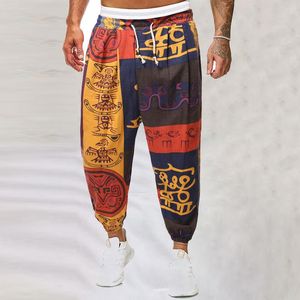 パンツレトロパターン印刷メンズパンツカジュアルホリデービーチジョガーズボンの男性夏のファッションドローストリングキーアップミッドウエストロングパンツ