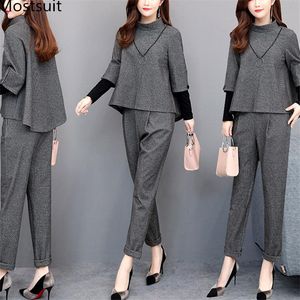 Hosen 2022 Herbst Grau Elegante Zwei Stück Sets Outfits Frauen Gefälschte Zwei Stücke Tops Und Hosen Anzüge Büro Koreanische Damen sets