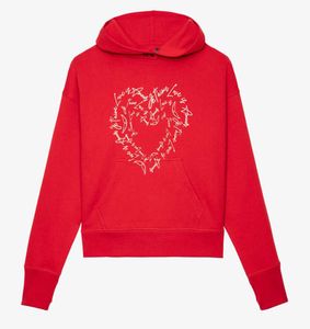 24SS Zadig Voltaire Nowy modny projektant bawełny bluza bluza swobodna klasyczna litera Patchwork Miłość gorąca diamentowa podszewka Wewnętrzna podszewka Red Women Lose Hooded Tops ZV ZV