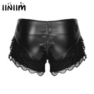 Shorts iiniim Womens Lace Patchwork PU Leather Shorts Ladies Fashion Moto Low Waist Button Hot Pants Pole Dance Clubwear Costumes