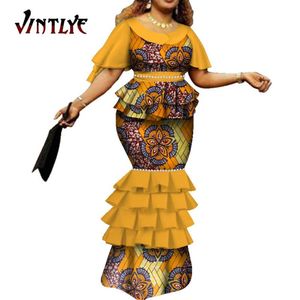 Ternos vestidos africanos para mulheres bazin ricos tradicional estampa de cera africana vestidos longos de sereia femininos roupas de manga exclusiva wy7115