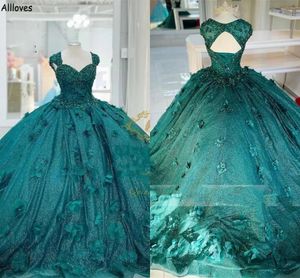 Teal Green Sequins Beaded Quinceanera Prom Dresses 3D Flowers Cap Sleeved Pageant Princess Ball Gowns Plus Size Sweet Girl 16 Formal Occasion Evening Gowns CL2310