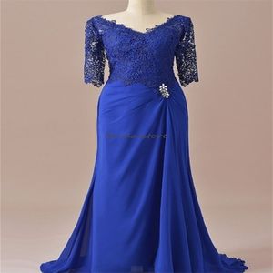 Elegant Royal Blue Mother Of The Bride Dress Real Image Half Sleeves Lace Wedding Guest Wear 2023 V Neck Beaded Groom Mom Evening Dress Formal Prom Occasion Gown