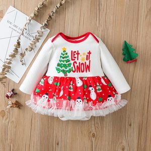 Vestidos de menina menina de Natal bebê macacão crianças Papai Noel Print redonda pescoço de luva comprida