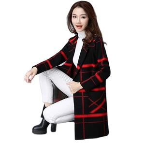 Blends 2023 New Ladies Sweater Suit Coat MidLength Lattice Cardigan Loose Sweater Blended Woolen Jacket Buttoned Female Outerwear