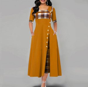 Sukienka Moda jesień kobiety na pół rękawie w kratę guzika guzika elegancka maxi sukienka swobodna patchworka Nieregularna długa sukienka imprezowa