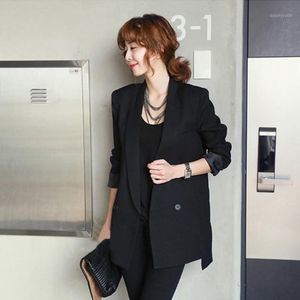 女性のスーツスリムフィットオフィスレディースブラックブレザーエレガントなシングルボタン長い袖のノッチ付きカラーレディースカジュアルコートプラスサイズS-2xl Bla