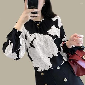 Camisa de chiffon de pólo feminino Women Women's Spring Wear Mangas compridas coreanas Posca estampada de babados Ruffled Round Follow Fiox versátil tendência superior