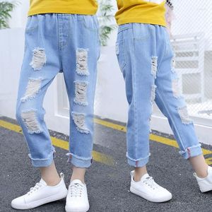 Jeans Girls Hole Baby Girl Cotton Pants Srping 2023 Clear Blue Troushers Clothes Teenage School Roughed for Kids