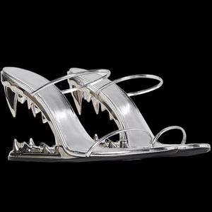 tooth shape Sculpted slippers high-heeled Metallic sandal open toes slides Narrowband Fashion Wedge slipper for street style women luxury designer shoes