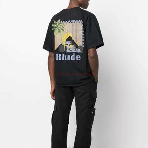 디자이너 패션 의류 티셔츠 23ss 뉴 여름 Rhude Mens Moonlight Tropic 프린트 Tshirt 남성용 코튼 Streetwear 탑 캐주얼 스포츠웨어 Rock Hip hop for sa