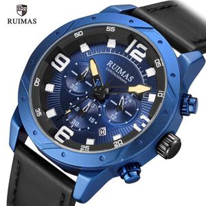 腕時計Ruimas Men's Leather Strap Chronograph Watches Luxury Blue Quartz Watch Man Waterproof Sports Wristwatch Relogios Masculino 595