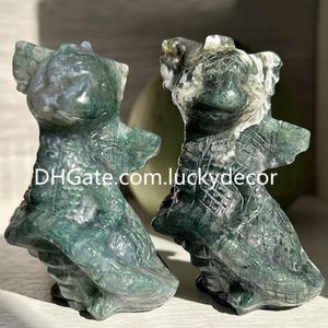 3.1" Moss Agate Flying Dragon Carving Decor Cute Natural Green Mineral Forest Chalcedony Druzy Quartz Crystal Rocks Geodes Animal Sculpture Ornament Gift for Friends