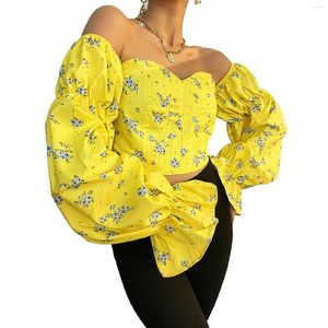 Herrklänningsskjortor Liruicheng 2023 Koho blommig blus elastisk ruched smal långärmad korta toppar höstkoreansk sexig off axel